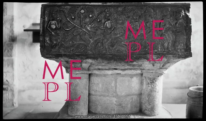 : Detail of a Tournai font with a square bowl : Detail of a Tournai font with a square bowl