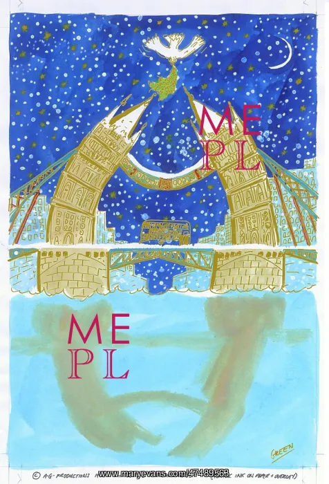 : Tower Bridge under a dove holding mistletoe : Tower Bridge under a dove holding mistletoe