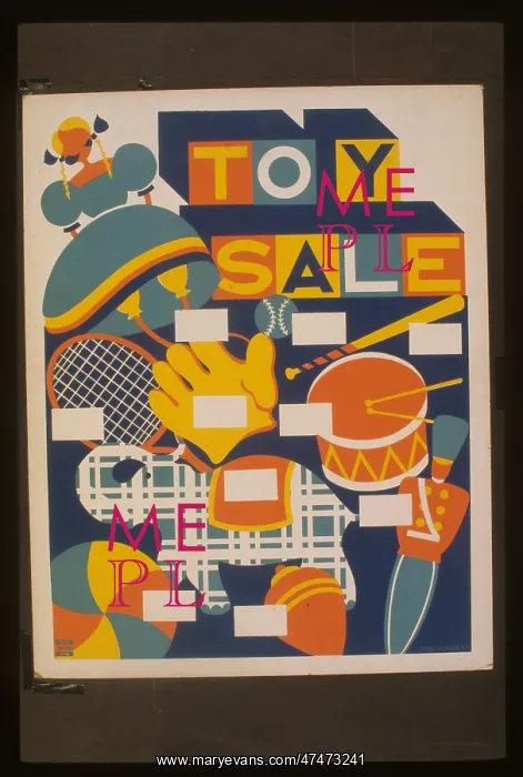 : Toy sale. Poster announcing toy sale, showing several toys. Date between 1936 and 1941 : Toy sale. Poster announcing toy sale, showing several toys. Date between 1936 and 1941