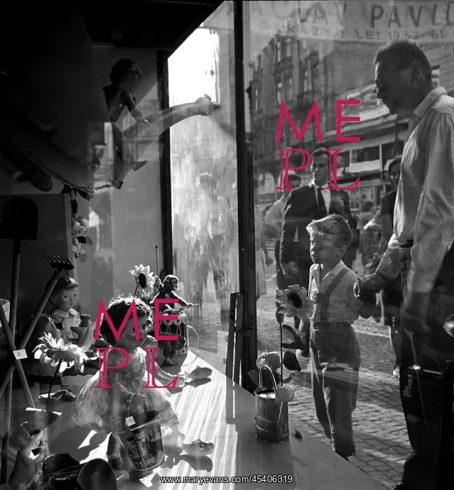 : Toy store - store window - display - doll - father with son : Toy store - store window - display - doll - father with son
