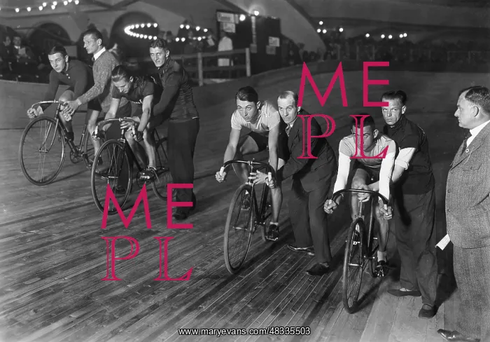: Track cyclists before the start, 1929 : Track cyclists before the start, 1929