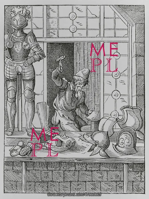 : The trades. The armourer, 16th century. Engraving : The trades. The armourer, 16th century. Engraving