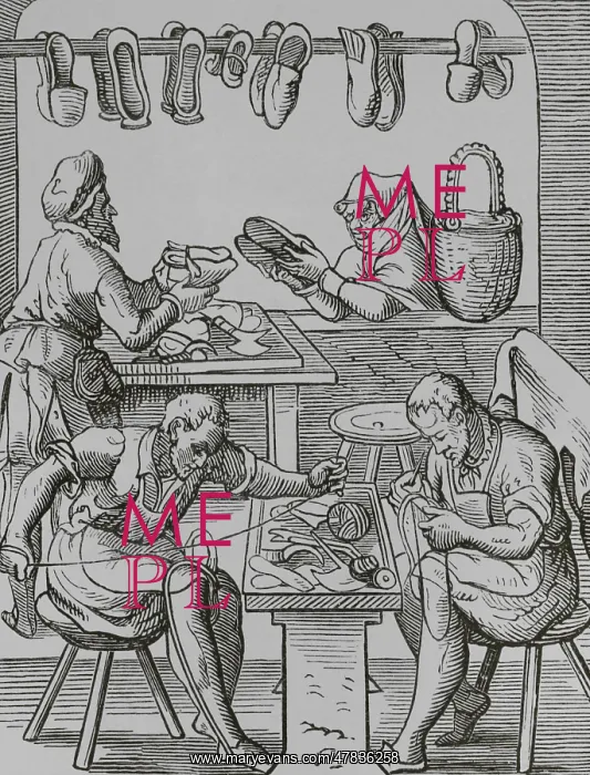 : The trades. The shoemaker, 16th century. Engraving : The trades. The shoemaker, 16th century. Engraving