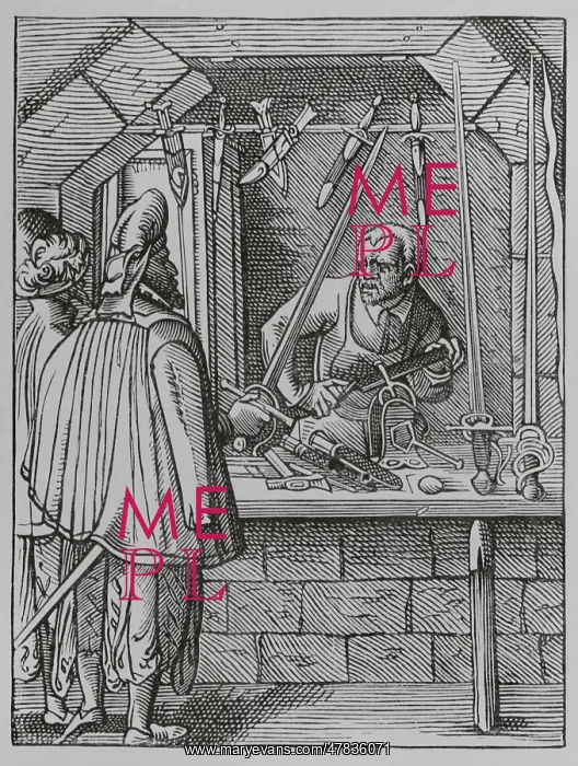 : The trades. The swordmaker, 16th century. Engraving : The trades. The swordmaker, 16th century. Engraving
