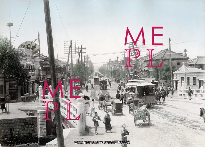 : Traffic, trams, telegraph poles, Tokyo, Japan, c.1890's : Traffic, trams, telegraph poles, Tokyo, Japan, c.1890's
