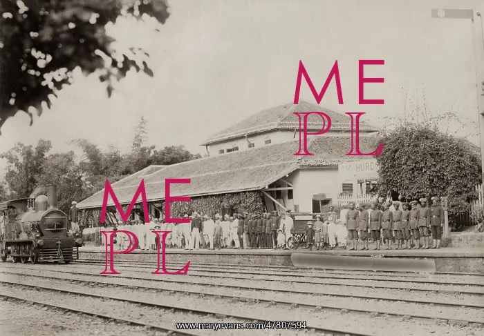 : Train station with steam engine, India, c.1880s : Train station with steam engine, India, c.1880s