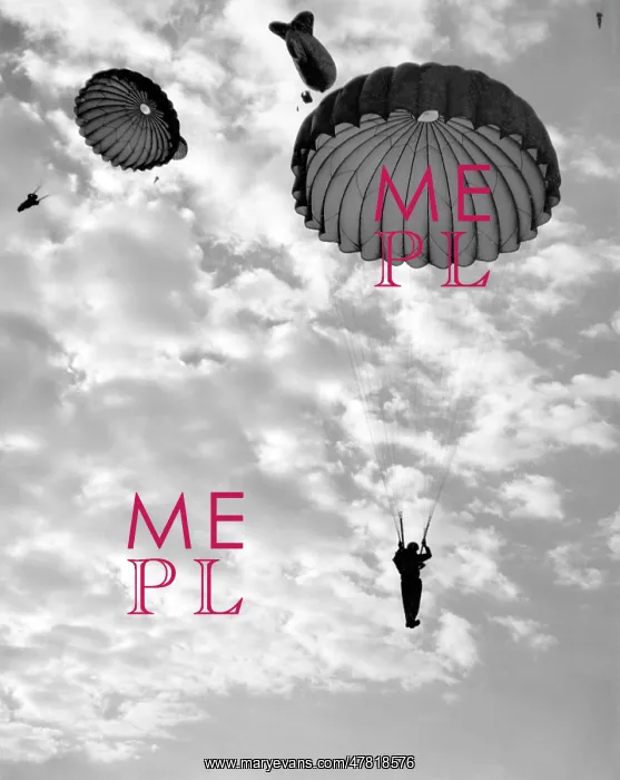 : Trainee paratroops descending from a Barrage Balloon : Trainee paratroops descending from a Barrage Balloon