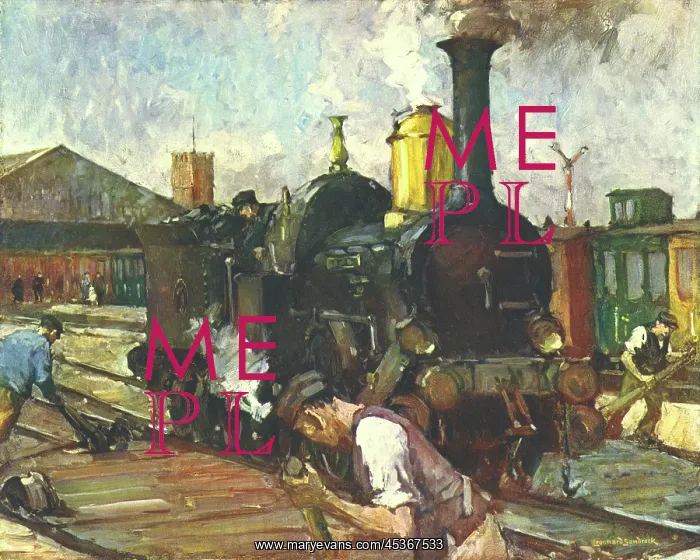: Trains. Painting of steam engine and railway workers mending track : Trains. Painting of steam engine and railway workers mending track