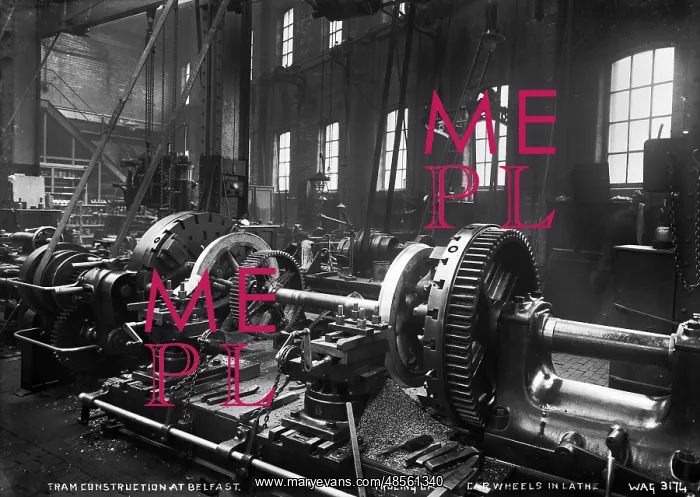 : Tram Construction at Belfast, Trueing Up Car Wheels in Lathe : Tram Construction at Belfast, Trueing Up Car Wheels in Lathe