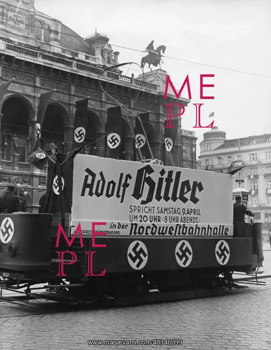 : Tramcar with election advertisement in Vienna, 1938 : Tramcar with election advertisement in Vienna, 1938