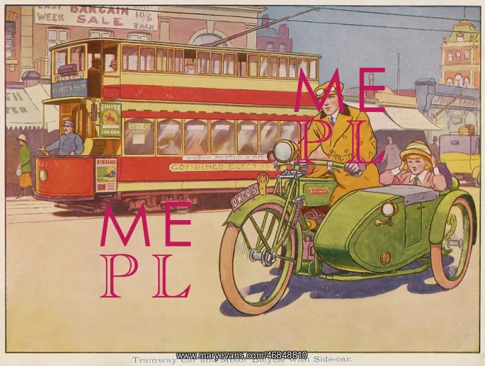 : Tramway car and motor bicycle with side-car : Tramway car and motor bicycle with side-car