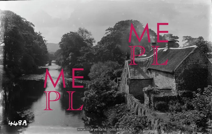 : Tranquil River Scene with Thatched Cottage : Tranquil River Scene with Thatched Cottage