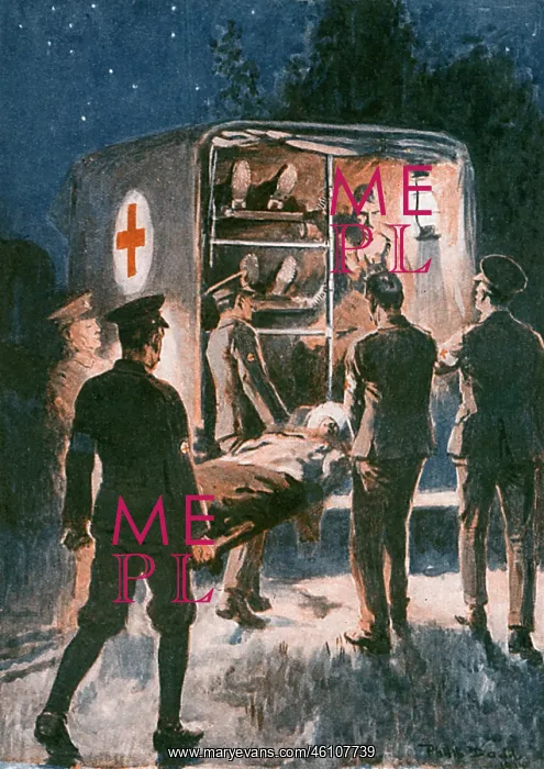: Transferring the wounded into a motor ambulance, WW1 : Transferring the wounded into a motor ambulance, WW1