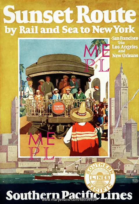 : Travel poster for the Sunset route by rail and : Travel poster for the Sunset route by rail and