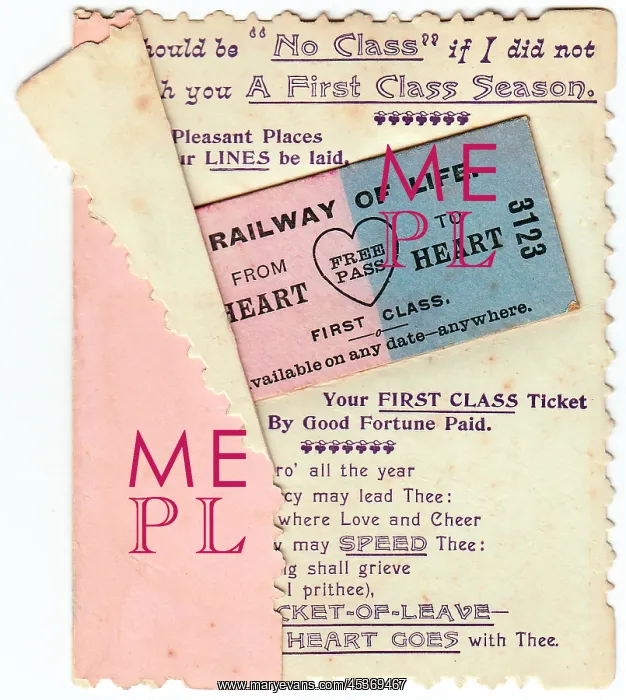 : Travel ticket with comic verse on a Christmas card : Travel ticket with comic verse on a Christmas card