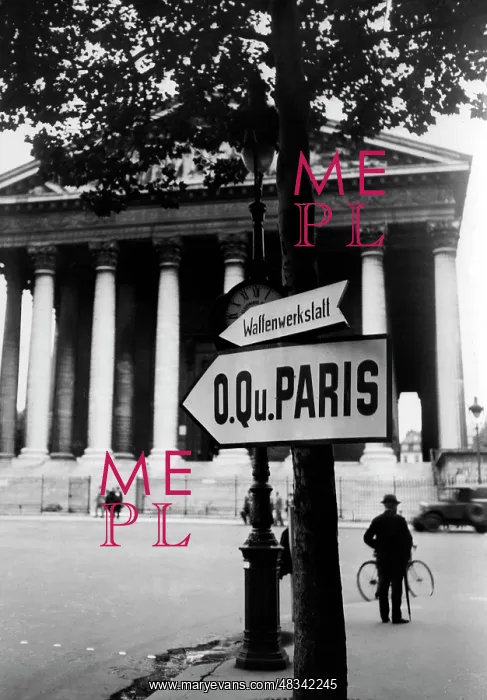 : Tree with signs in front of La Madeleine in Paris, 1940 : Tree with signs in front of La Madeleine in Paris, 1940