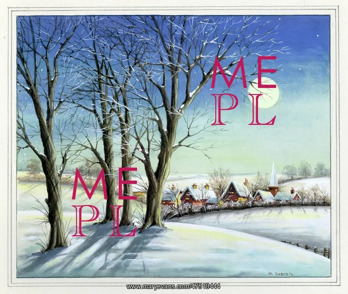 : Trees and village in snow with full moon : Trees and village in snow with full moon
