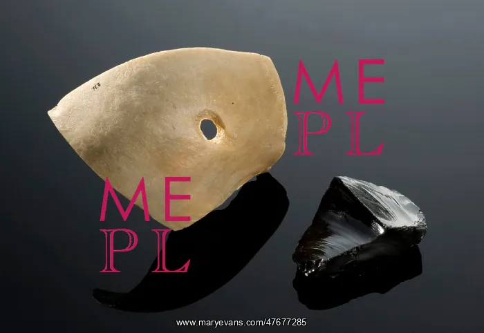 : Trepanned Skull Piece and Obsidian Knife : Trepanned Skull Piece and Obsidian Knife