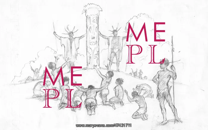 : A tribe gather around and worship at a totem pole : A tribe gather around and worship at a totem pole