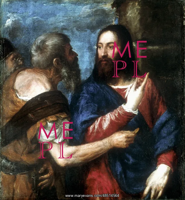 : The Tribute Money.. Christ in red robe with blue : The Tribute Money.. Christ in red robe with blue
