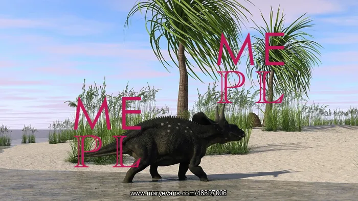 : Triceratops walking along the shoreline : Triceratops walking along the shoreline