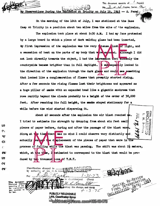 : Trinity Test, Enrico Fermi Observations, 1945 : Trinity Test, Enrico Fermi Observations, 1945