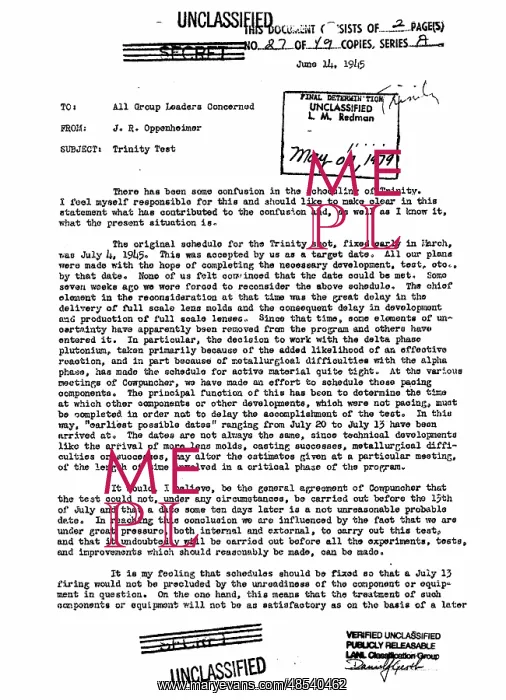 : Trinity Test Schedule, 1945 : Trinity Test Schedule, 1945