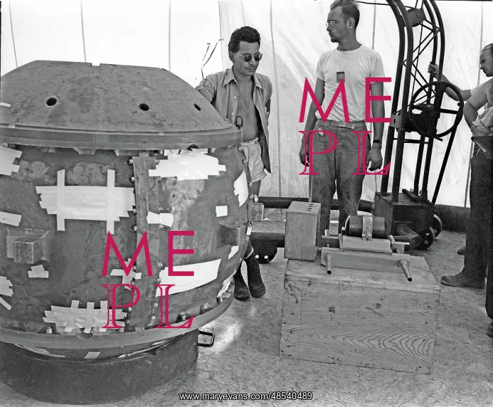 : Trinity Test Site, Louis Slotin at Test Tower, 1945 : Trinity Test Site, Louis Slotin at Test Tower, 1945