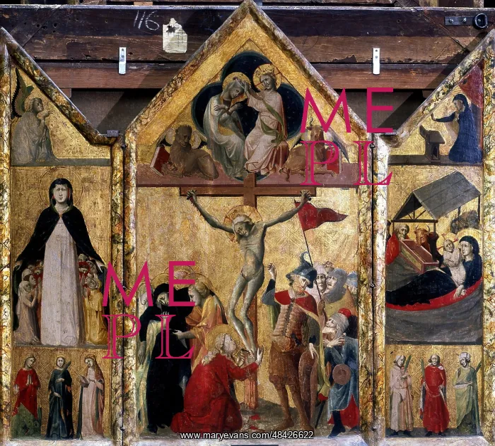 : Triptych with Crucifixion as central panel. Master : Triptych with Crucifixion as central panel. Master