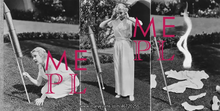 : Triptych of woman lighting rocket and exploding : Triptych of woman lighting rocket and exploding