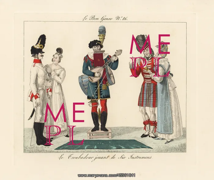 : Troubadour playing on six instruments, 1815 : Troubadour playing on six instruments, 1815
