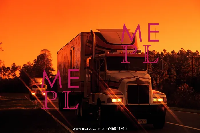 : Trucks on Highway Orange Sunset with Headlights on : Trucks on Highway Orange Sunset with Headlights on