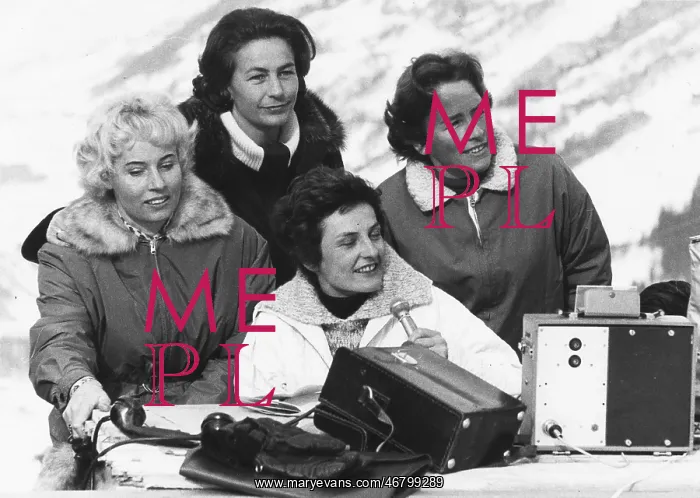 : Trude Klecker with Austrian ski racers : Trude Klecker with Austrian ski racers