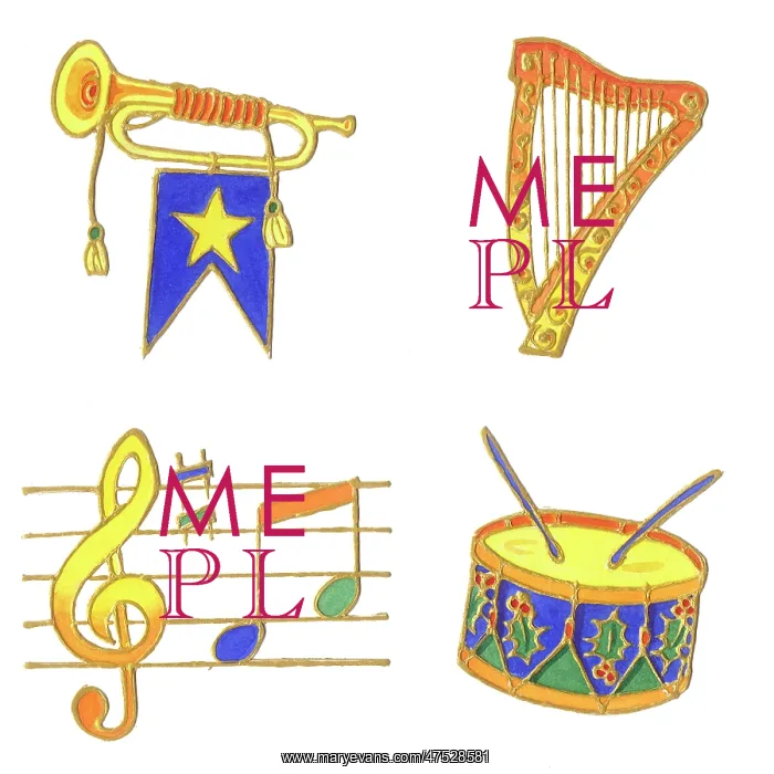 : Trumpet, Harp, Drum and Musical Notes : Trumpet, Harp, Drum and Musical Notes