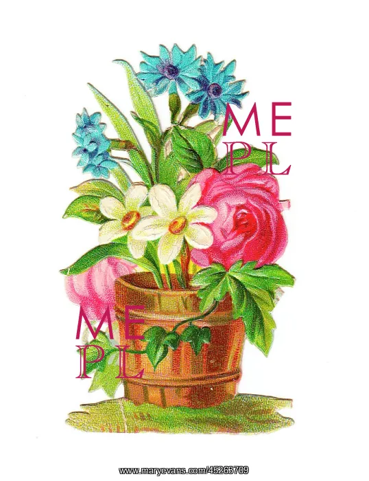  : Tub of assorted flowers on a Victorian scrap