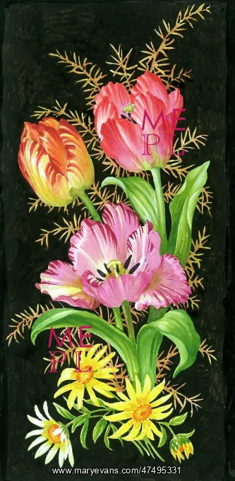  : Tullips, yellow daisies, and asparagus fern