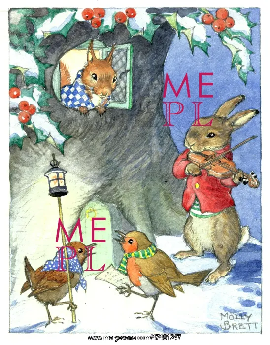 : A Tune for Christmas - rabbit with violin and robin and wre : A Tune for Christmas - rabbit with violin and robin and wre
