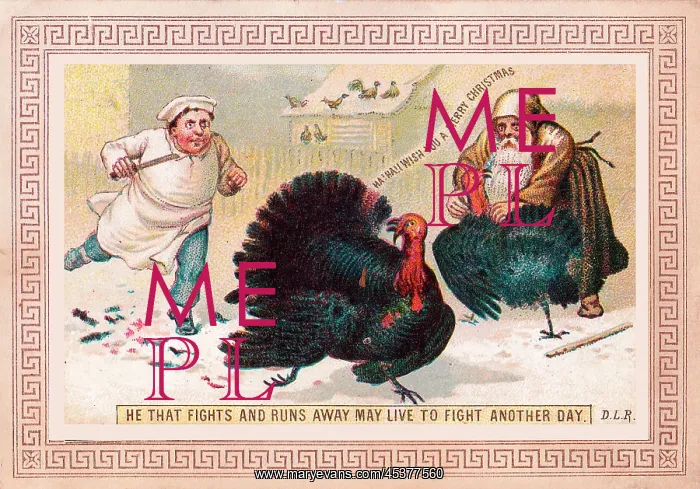 : Turkey escaping the poulterer on a Christmas card : Turkey escaping the poulterer on a Christmas card