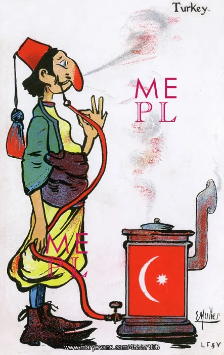 : Turkish Archytype smoking a pipe conected to a stove : Turkish Archytype smoking a pipe conected to a stove