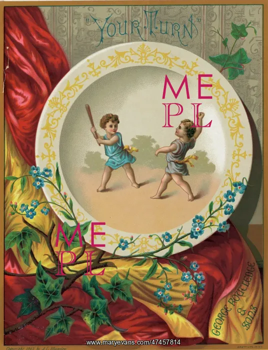 : Your turn. Print shows scene on decorative plate with two cherubs playing baseball : Your turn. Print shows scene on decorative plate with two cherubs playing baseball