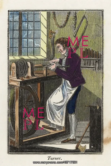 : A turner in apron using a foot-powered treadle : A turner in apron using a foot-powered treadle
