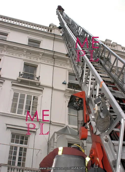 : Turntable ladder deployed at a fire, London SW1 : Turntable ladder deployed at a fire, London SW1