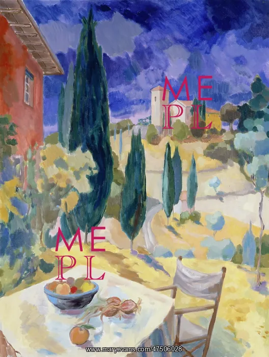 : Tuscan View ' Table, Church, Cypress Trees : Tuscan View ' Table, Church, Cypress Trees