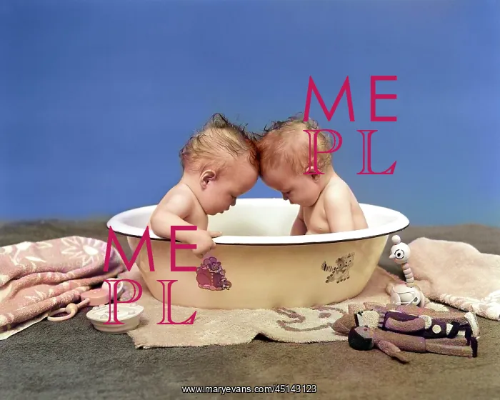 : Two Twin Babies in Bath Tub Looking Down : Two Twin Babies in Bath Tub Looking Down