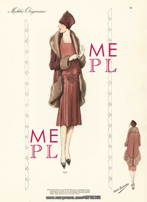 : Two-piece ensemble: jacket of brown velvet with : Two-piece ensemble: jacket of brown velvet with