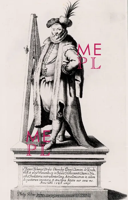 : Tycho Brahe holding a sextant. Engraving from : Tycho Brahe holding a sextant. Engraving from