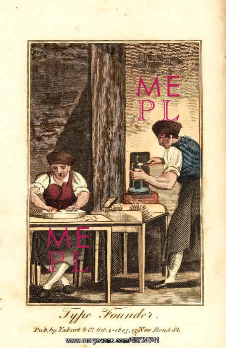 : Type founders making printing type in a workshop : Type founders making printing type in a workshop