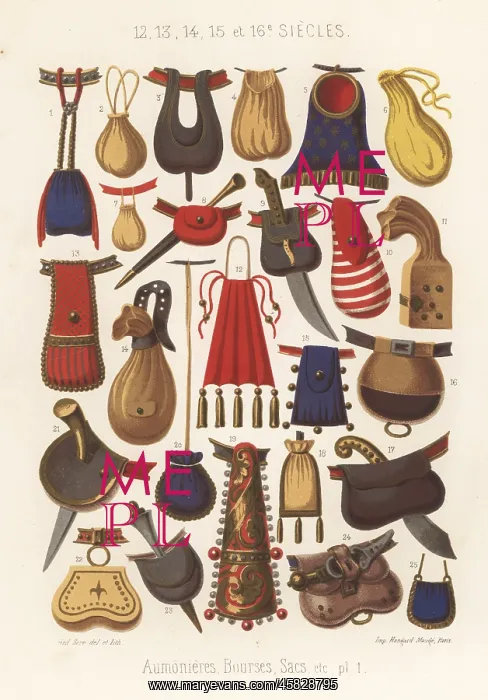 : Types of bags, purses, almoner bag, 12th to 16th centuries : Types of bags, purses, almoner bag, 12th to 16th centuries