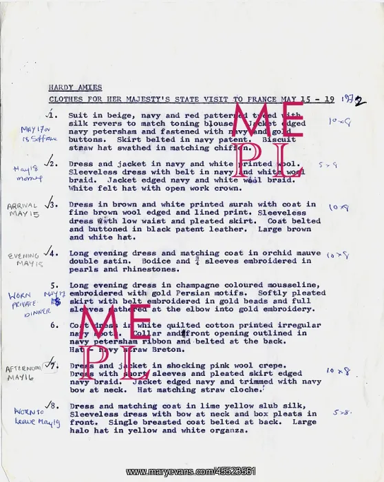 : Typewritten list of clothes for state visit to France : Typewritten list of clothes for state visit to France
