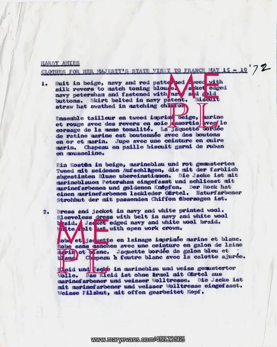 : Typewritten list of clothes for state visit to France : Typewritten list of clothes for state visit to France